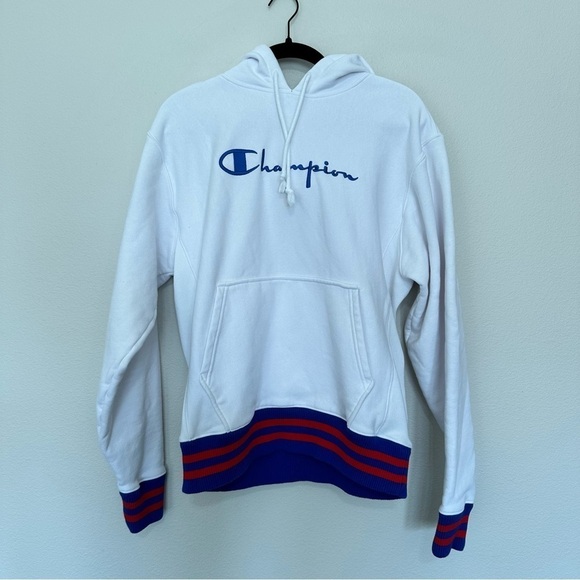 Champion Men's Reverse Weave Stripe Rib Trim Pullover Hood blue red white size M - Picture 1 of 5
